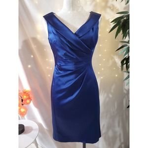 Tahari ASL Blue Satin Surplice Neck Sleeveless Ruched Sheath Dress Womens Size 2